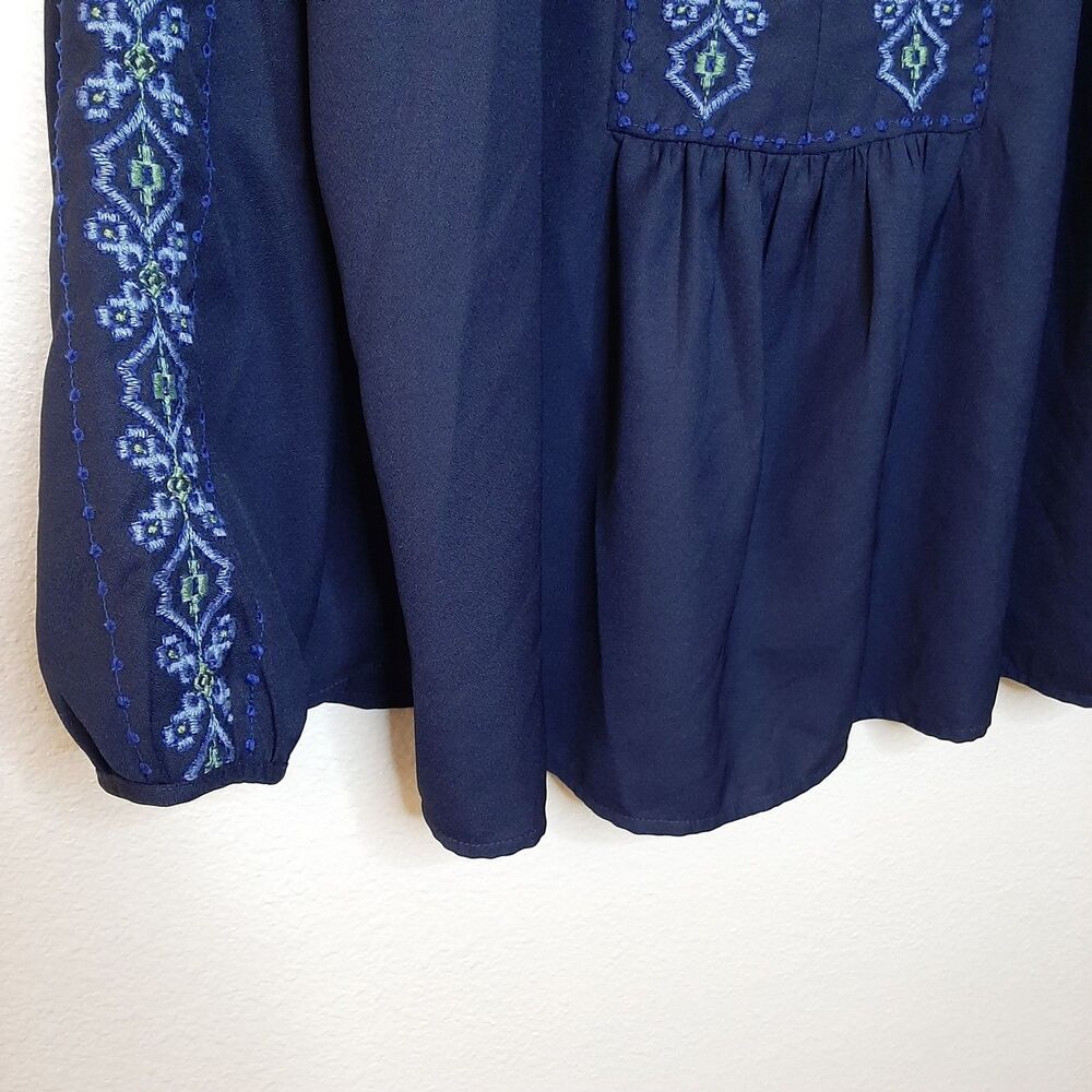 GAP Blouse Navy Blue Women Size XXL Peasant Embroidered Split Neck Long Sleeve - Picture 6 of 10